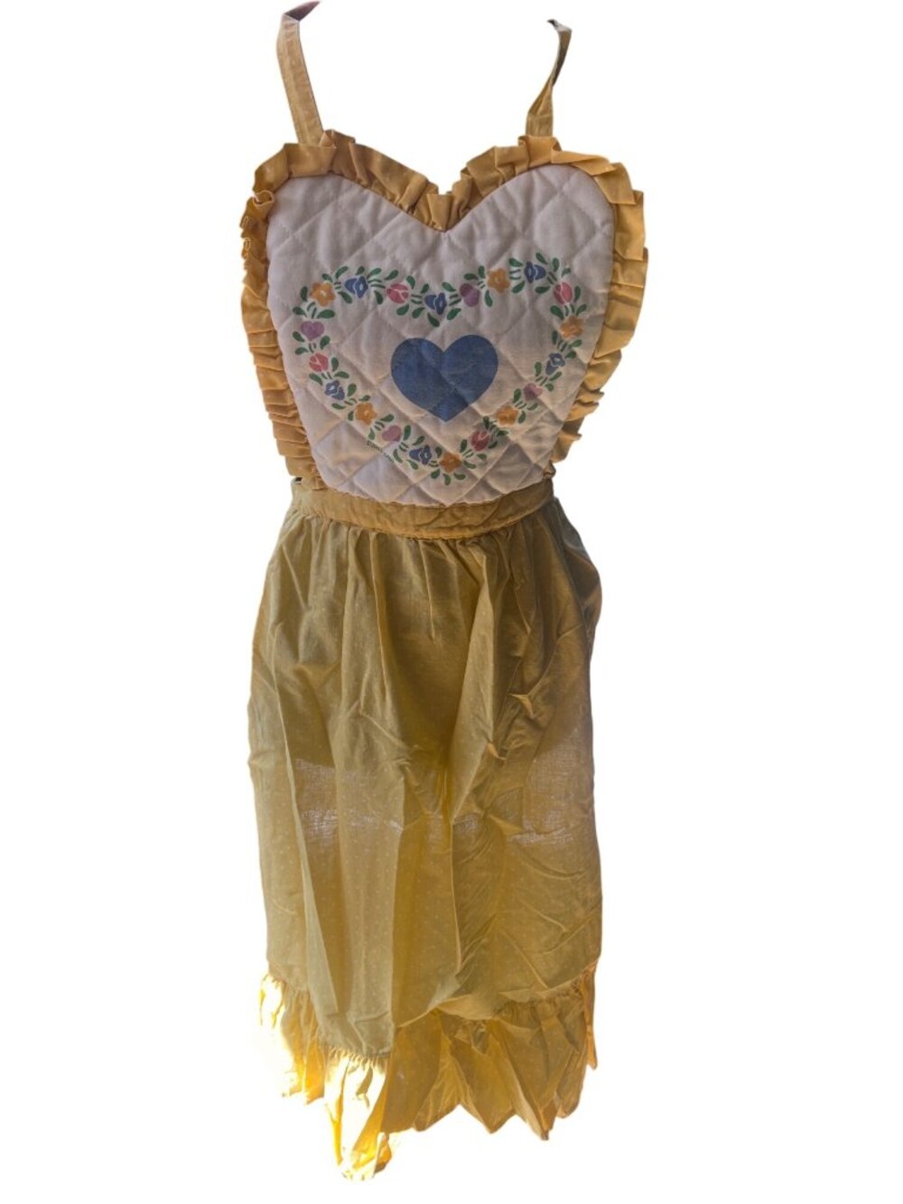 Vintage Yellow Apron With Quilted Heart Floral Design & Ruffle Trim
